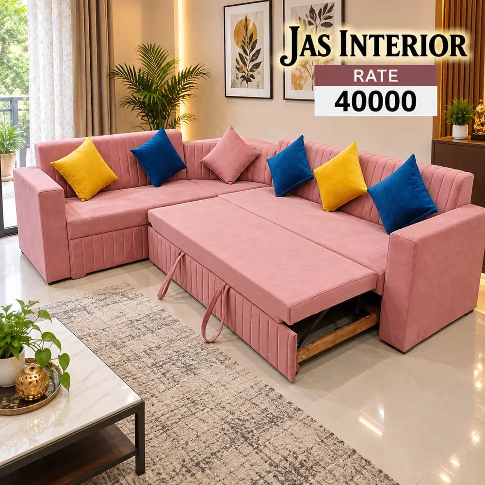Pink L-Shaped Sofa Bed Showroom Ad