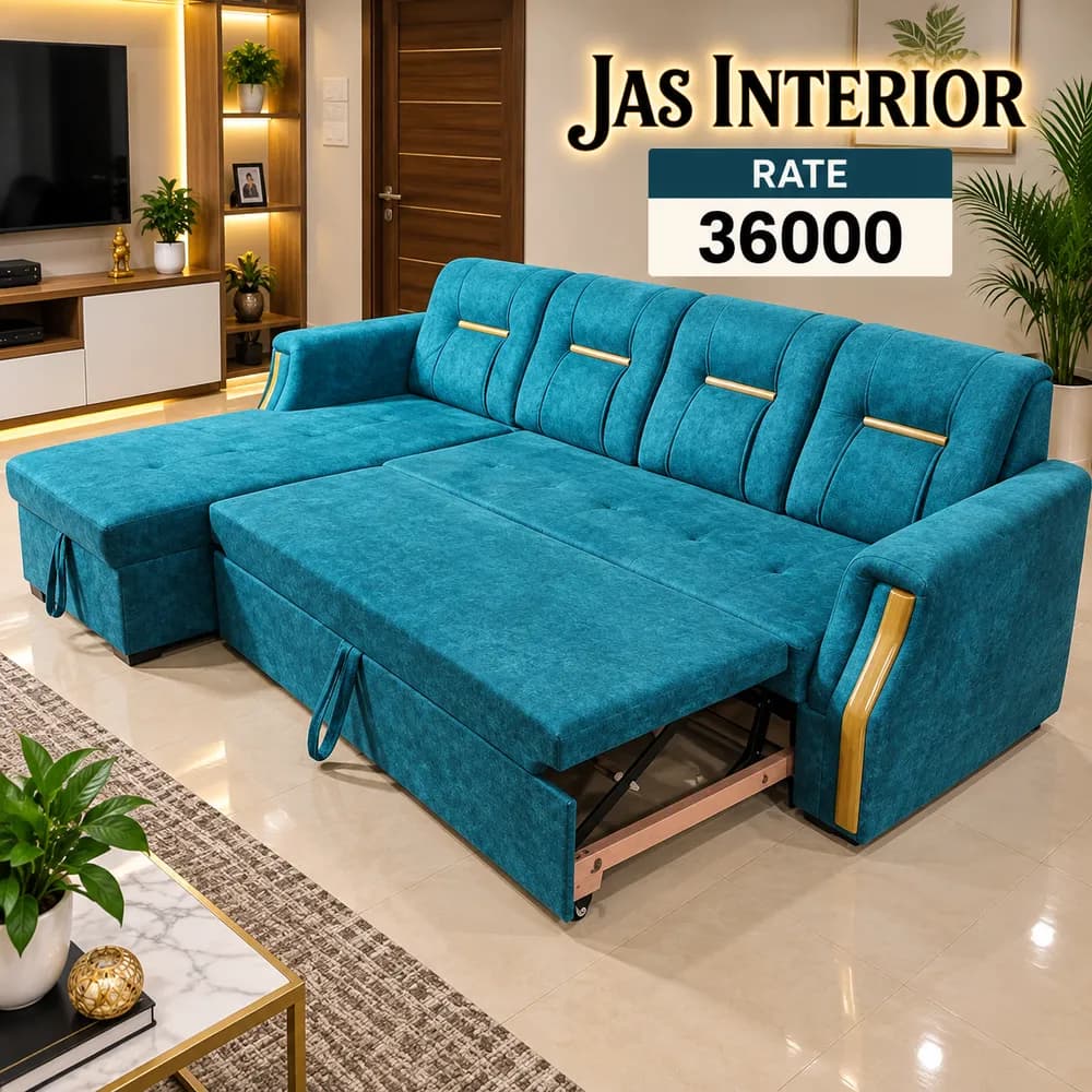 Teal Sofa Cum-Bed Showroom Ad