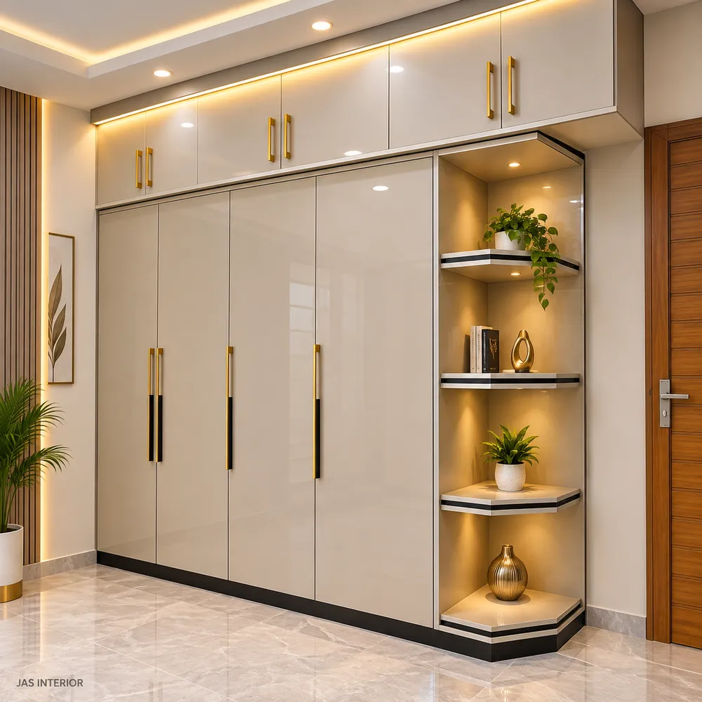 Glossy Beige Wardrobe with Warm Accents