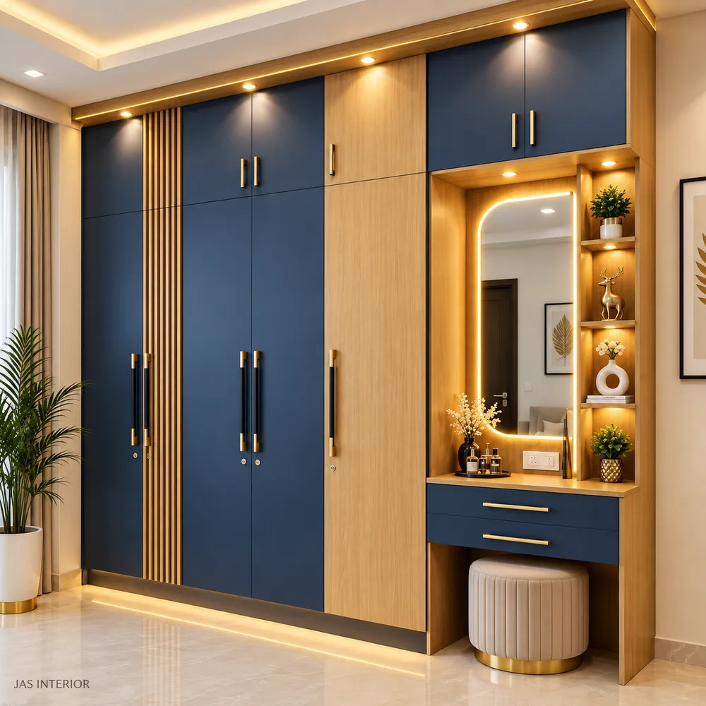 Luxurious Navy and Oak Wardrobe Wall