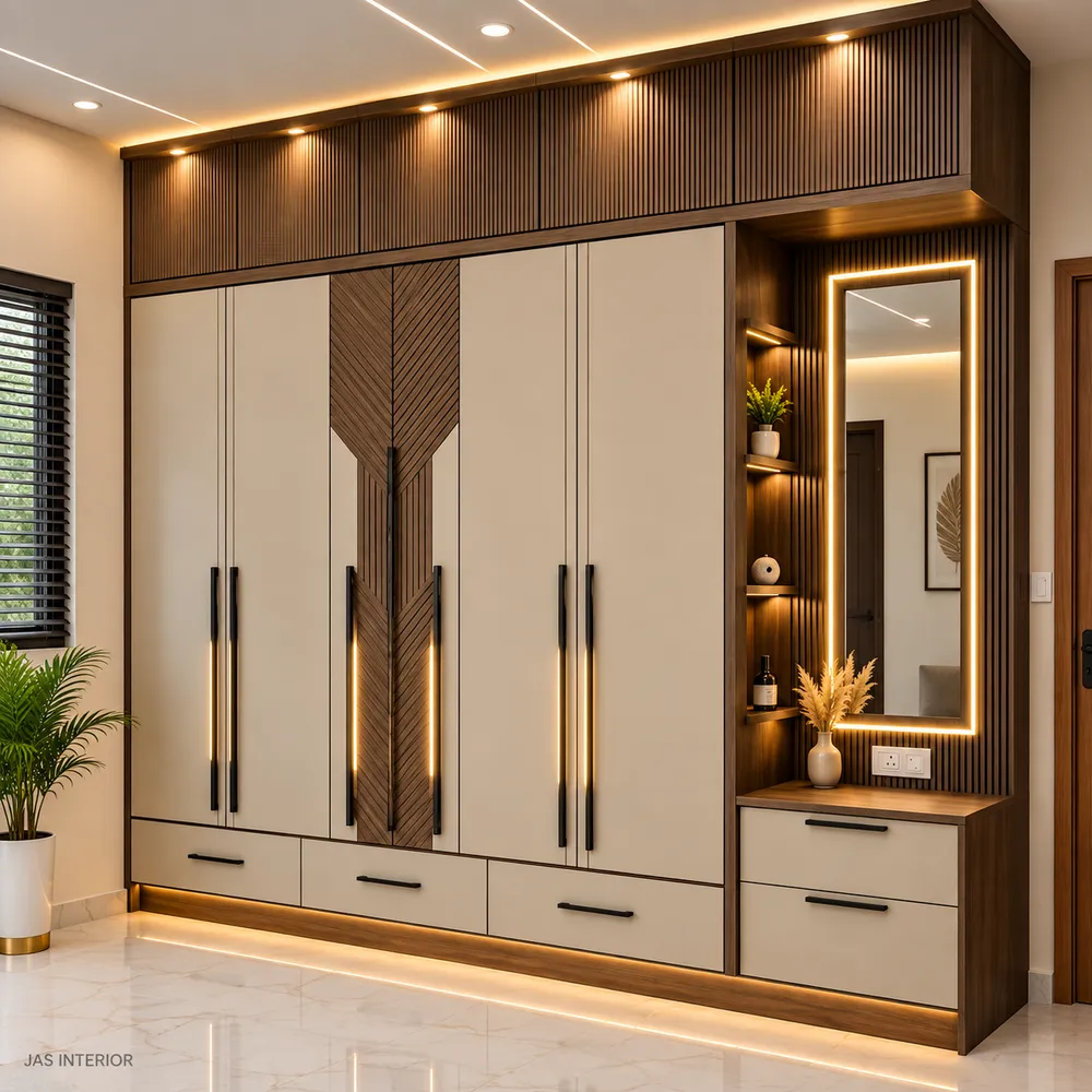 Luxurious Walnut and Beige Wardrobe Wall