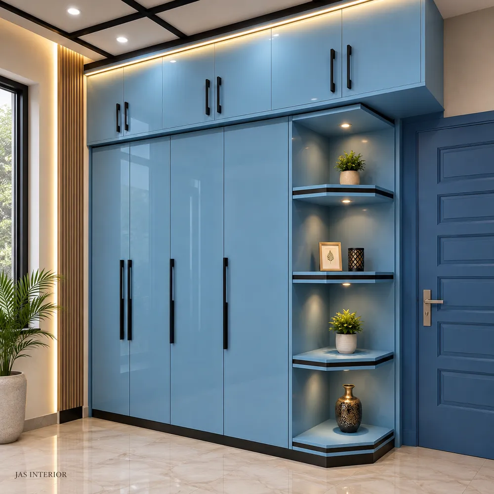 Modern Blue Wardrobe with Warm Lighting