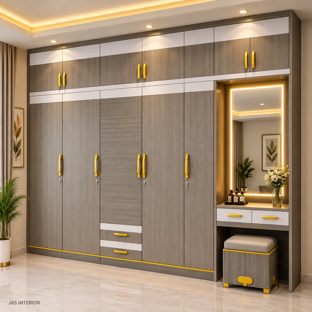 Warm Contemporary Wardrobe and Vanity Wall