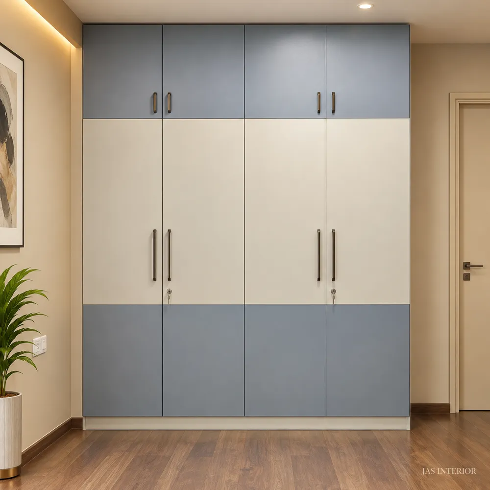 Warm Minimalist Blue-Grey Wardrobe Interior